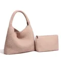 Pink woven shoulder bag for women, soft PU leather hobo tote purse with a small matching pouch. - Shoulder Bag Set / Nude Pink