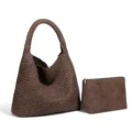 Brown woven PU leather shoulder tote bag with small pouch for women daily commuting. - Shoulder Bag Set / Chocolate