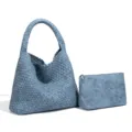 Blue woven PU leather tote bag with matching pouch, stylish hobo shoulder bag for women. - Shoulder Bag Set / Victoria Blue
