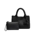 Schwarzes geflochtenes Lederhandtaschen-Set mit stilvoller Tote-Tasche und passender Pochette. - Schwarz