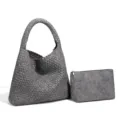 Grey Woven Shoulder Bag PU Leather Handbag Set with Pouch Variant Style Choice - Shoulder Bag Set / Premium Grey