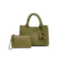 Grüne gewebte Tasche und Clutch Set, stilvolle Damen Handtasche mit Doppelgriff. - Senfgrün