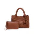 Braune gewebte Leder-Tragetasche mit passender Clutch, elegante Damentasche mit Doppelgriff. - Braun