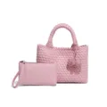 Roze geweven tote tas met etui, stijlvolle lederen handtas set voor dames trendy chic. - Perzikroze