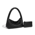 Black woven leather handbag with matching pouch, stylish minimalist top handle design. - Top Handle Bag and Pouch Set / Black