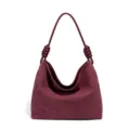 Burgunderrote Veloursleder Achsel-Hobo-Tasche mit Knotengurt und weicher Schulter. - Burgunderrot