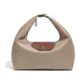Wasserdichte Nylon-Hobo-Handtasche mit braunem Lederüberschlag für den Alltag. - Khaki/Braun