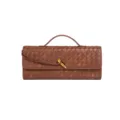 Καφέ πλεκτή δερμάτινη τσάντα clutch με χερούλι και μεταλλικό κούμπωμα κόμπου. - Καφέ