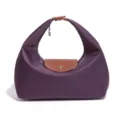 Paarse nylon schoudertas met bruine lederen flap en drukknoop voor dagelijks gebruik. - Paars/Bruin