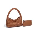 Brown woven leather handbag stylish top handle tote bag with mini coin purse set for women - Top Handle Bag and Pouch Set / Brown