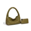 Olive green woven leather hobo bag and small pouch set, simple elegant daily chic shoulder handbag. - Top Handle Bag and Pouch Set / Mustard Green