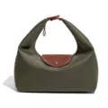 Klassieke olijfgroene nylon handtas met bruine lederen flap, elegante damestas. - Olijfgroen/Bruin