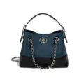 Blauw-zwarte tweekleurige lederen ketting emmertas met geweven metalen riem en elegante hardware. - Stijl D2821 (Indigo)