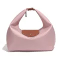 Roze nylon handtasje met bruine lederen flap, casual waterdichte dumpling schoudertas. - Nude Roze/Bruin
