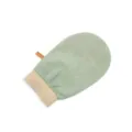 Green exfoliating bath mitt with elastic wrist band for deep body cleansing and scrubbing. - Green