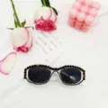 Chics lunettes de soleil à strass noirs monture blanche, lunettes carrées tendance. - Noir (Strass Noir)