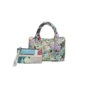 Chique geweven tote handtas met etui, kleurrijk krantenprint design, modieuze schoudertas voor dames. - Poster