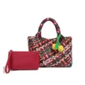 Stijlvolle gekleurde geweven tote tas met rode clutch, modieuze handtas voor dames. - Regenboog