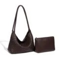 Bolso de hombro trenzado marrón oscuro con pequeño estuche, bolso hobo suave para mujer - Chocolate