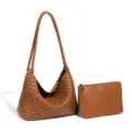 Bolso de hombro tejido marrón con estuche, elegante bolso de cuero suave para uso diario. - Marrón