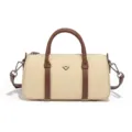 Petit sac boston en nylon imperméable, sac à bandoulière bicolore beige et marron pour femme. - Crème