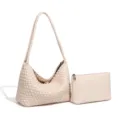 Bolso de hombro trenzado en beige con bolsito, elegante bolso suave de piel para mujer chic. - Blanco Roto