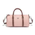 Petit sac à main Boston en nylon imperméable rose avec poignées et bandoulière marron. - Rose poudré