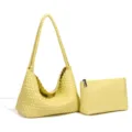 Bolso de hombro tejido amarillo para mujer, bolso hobo de cuero suave con estuche, elegante. - Amarillo Coco