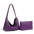 Conjunto de bolso de hombro de cuero tejido morado, bolso hobo elegante y cartera para diario. - Violeta