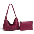 Bolso de hombro de cuero trenzado y estuche, bolso hobo suave y elegante para mujer diario. - Fucsia