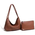 Bolso de hombro trenzado marrón conjunto con estuche, bolso suave elegante uso diario chic. - Marrón Té Cálido