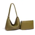 Bolso de hombro de cuero tejido verde oliva con estuche a juego, elegante bolso hobo. - Verde Mostaza