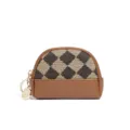 Mini checkered coin purse, brown PU leather and woven fabric zipper wallet with keychain. - Diamond Lattice Dark Brown