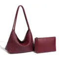 Bolso de hombro de cuero trenzado burdeos con estuche a juego, elegante bolso hobo para mujer. - Rojo Ancorra