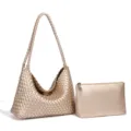 Bolso de hombro tejido dorado metálico, bolso hobo de cuero suave con estilo elegante chic. - Champán dorado