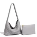 Bolso de hombro de cuero trenzado gris y estuche, bolso hobo suave para mujer de diario. - Gris Ágata