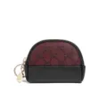 Vintage mini zipper coin purse with burgundy monogram fabric and black PU leather, cute and compact. - Wine Red Black
