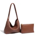 Bolso de hombro de cuero tejido marrón bolso hobo axilar con pequeña bolsa a juego elegante - Marrón Oscuro