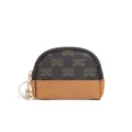 Retro half-moon coin purse with monogram pattern, brown leather trim, and mini zipper design. - Natural Color