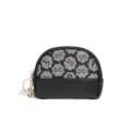 Mini half-moon coin purse with floral monogram pattern, black leather bottom and gold zipper. - C740# Black