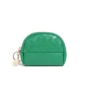 Green woven mini leather coin purse with zipper and keychain charm for women compact wallet. - BV Green