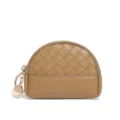 Brown woven leather mini coin purse with zipper closure and cute key ring pendant for women. - Khaki