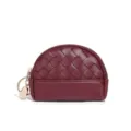 Burgundy woven leather mini coin purse with zipper closure and cute keychain charm. - Burgundy