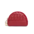 Red woven leather mini coin purse with zip closure and metal keyring, cute compact wallet. - B740# Red