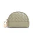 Green mini woven leather coin purse with zipper and metal keyring, compact cute change pouch. - Sage Green