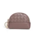 Mini Woven Leather Coin Purse Taupe Half Moon Zippered Wallet with Keyring Accessory - Taupe
