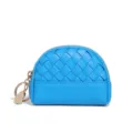 Blue woven leather mini coin purse with metal zipper and practical keychain ring for women. - Pool Blue