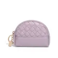 Mini woven leather coin purse with secure zipper closure and stylish metal keychain, light purple. - Light Purple