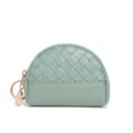 Mini woven leather coin purse with zipper and keyring in light green, compact and stylish. - Reed Green