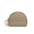 Mini woven leather coin purse with zipper and keyring, compact retro style wallet for women. - Pine Green